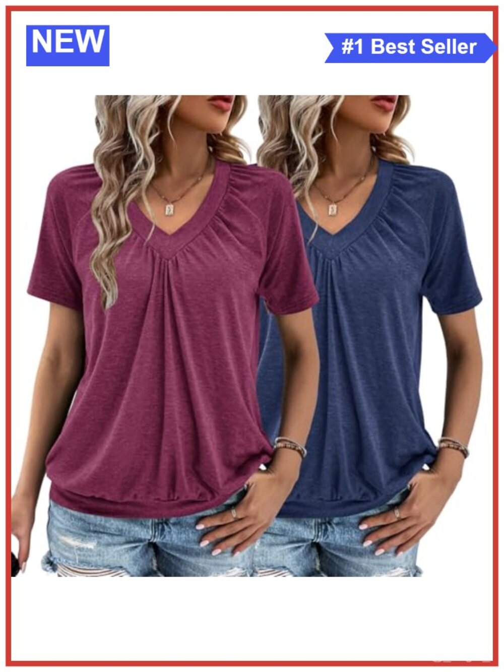 2 Pack Women's V-Neck Short Sleeve Ruched T-Shirts Casual Summer Tops